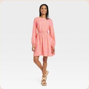 Universal Thread Pink Linen Long Sleeve Mini A-Line Dress Waist Cutout Large